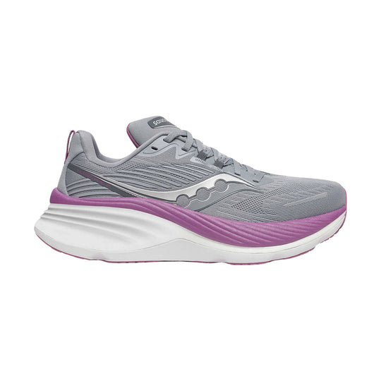 Gray running shoe with purple midsole and side logo, shown in profile