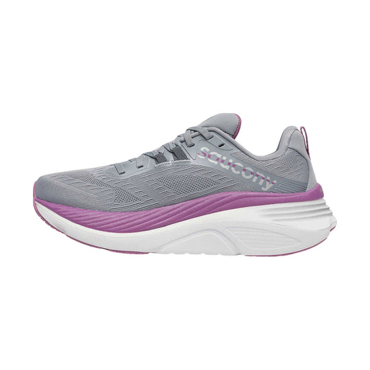Gray running shoe with purple midsole and white sole, side view