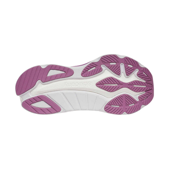 White running shoe outsole with violet rubber tread pods