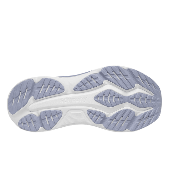 Pair of purple lace-up running shoes with thick white cushioned soles