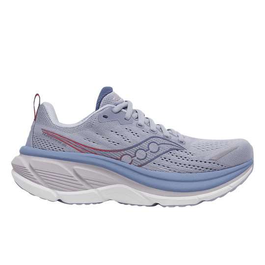 Light gray and blue running shoe with mesh upper, thick cushioned sole, and red side accents
