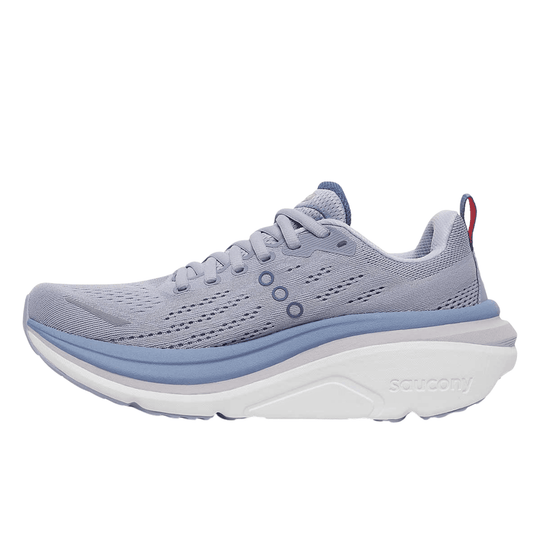 Light gray running shoe with blue cushioned sole, knit upper, and heel pull tab