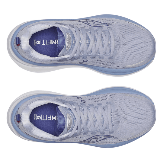 Pair of light blue and white running shoes shown from above, with white laces and purple insoles.