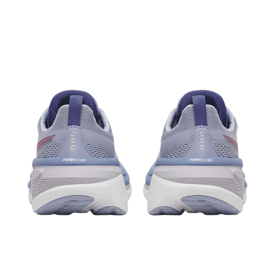 Light gray and blue running shoes shown from the back with mesh uppers, heel pull tabs, and thick cushioned soles