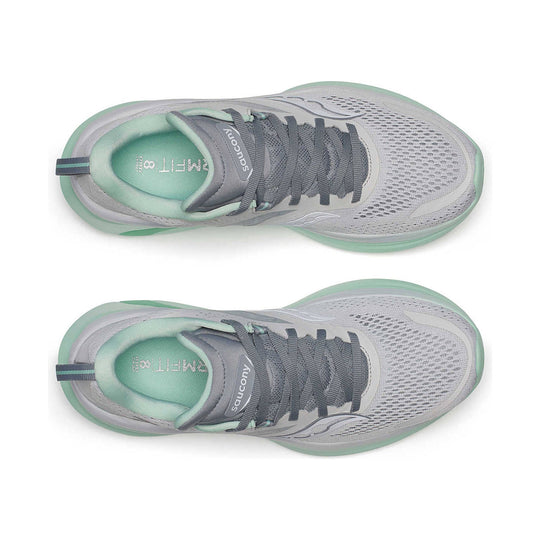 Gray and mint running shoe shown from top view with mesh upper, thick laces, and visible Saucony branding