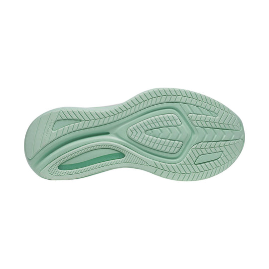 Mint green running shoe outsole with textured tread and Saucony branding.
