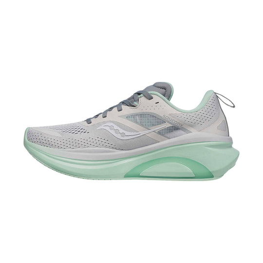 Light gray running shoe with mint-green sole and trim, mesh upper, and side Saucony logo