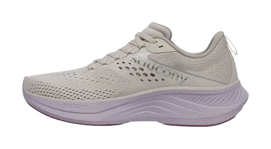 Light beige mesh running shoe with laces, perforated side panel, and a lavender cushioned sole, side view
