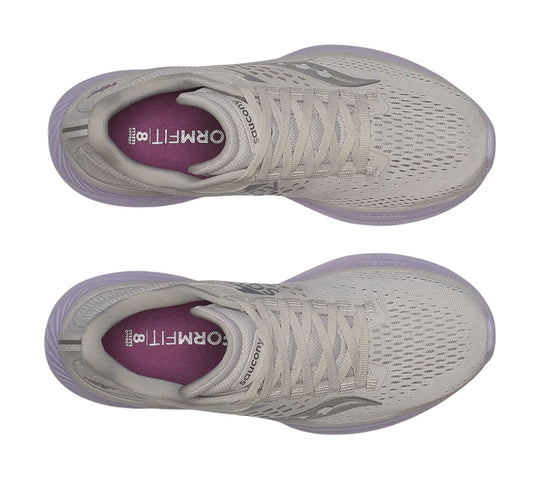 Light gray running shoes with lavender soles, seen from above, with laced uppers and purple insoles