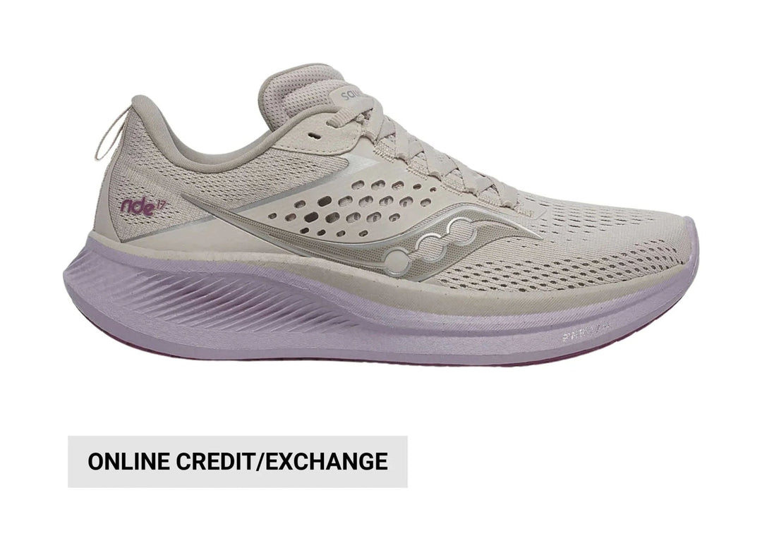 Light gray running shoe with lavender midsole, mesh upper, and side cutout details