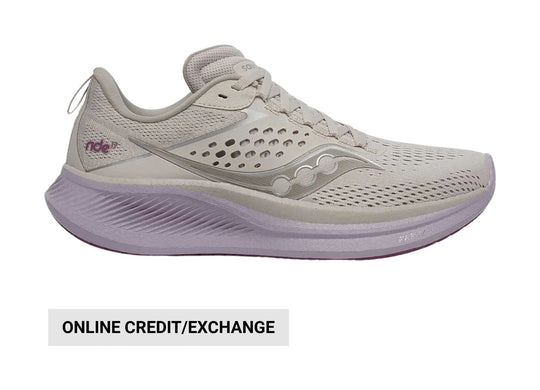 Light gray running shoe with lavender midsole, mesh upper, and side cutout details