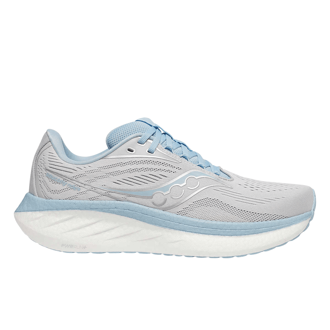 Light gray and pale blue running shoe with a thick white cushioned sole and side logo