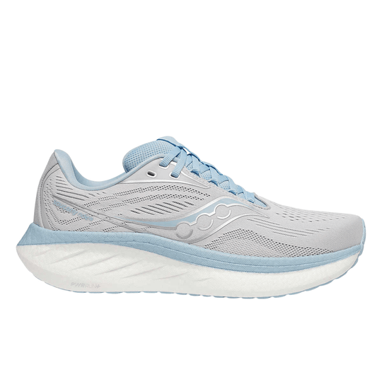 Light gray and pale blue running shoe with a thick white cushioned sole and side logo