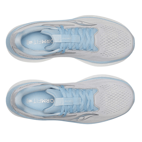 Top-view pair of light gray and pale blue running shoes with mesh uppers, lace-up closures, and perforated toe boxes