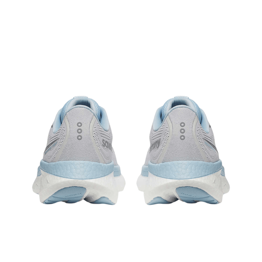Pair of gray and light blue running shoes shown from the back
