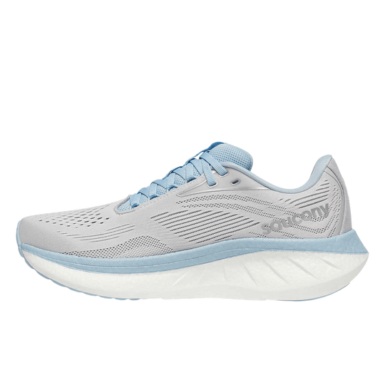 Light gray and pale blue running shoe with mesh upper, blue laces, and thick white cushioned sole