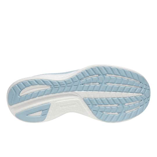 Light blue and white running shoe outsole with segmented traction pattern and embossed Saucony text