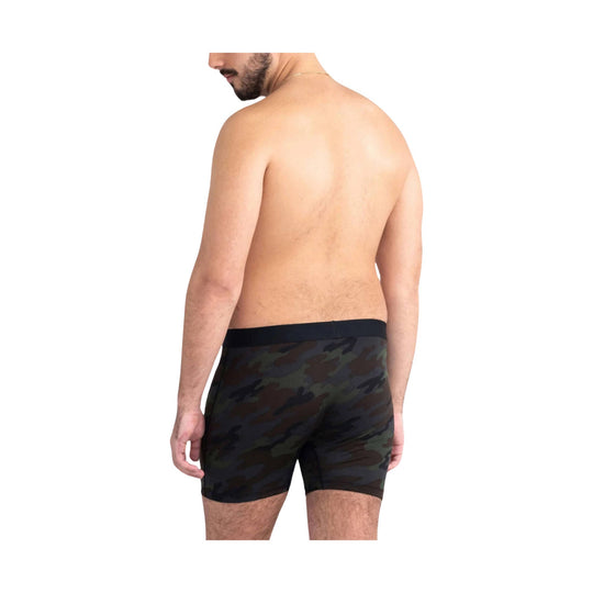 Men's camo boxer briefs in dark green, brown, and black with a black waistband