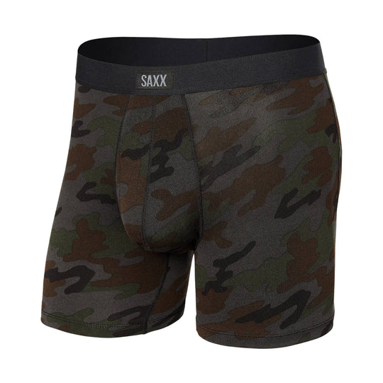Camouflage boxer briefs with a black waistband and front pouch