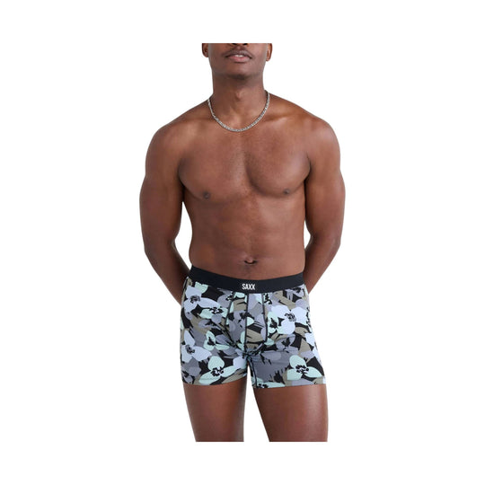 Boxer briefs with a gray, black, and pale blue floral camo print and black waistband