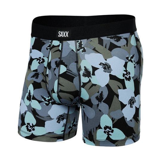 Boxer briefs with black waistband and blue-gray camo floral print
