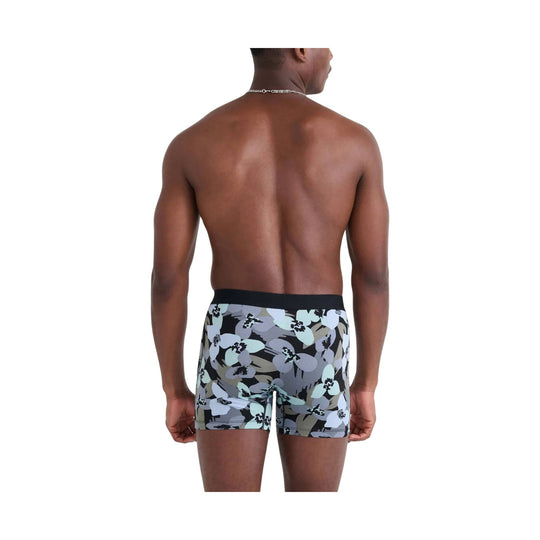 Men's floral boxer briefs in a gray, black, and light blue camo print, back view