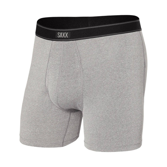 Gray boxer briefs with a black waistband and visible SAXX logo