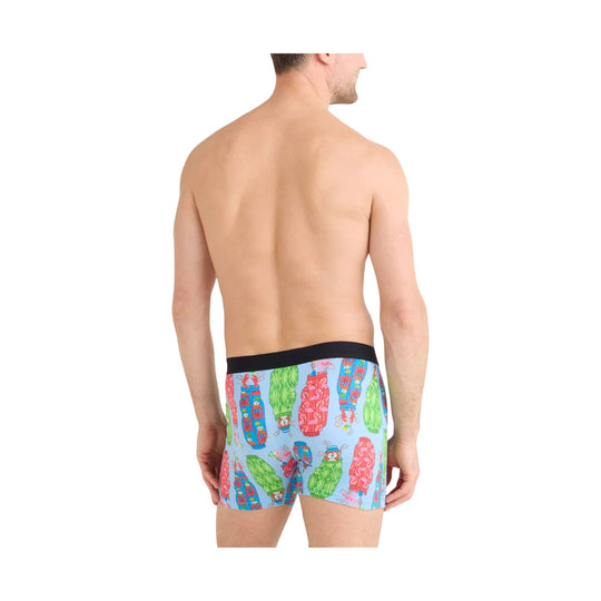 Blue boxer briefs with colorful cartoon print and black waistband, shown from the back