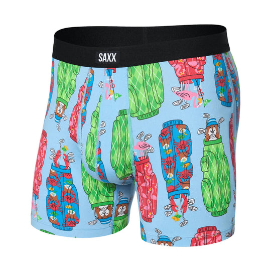 Light blue boxer briefs with colorful golf bag and flamingo print, black waistband, and SAXX logo