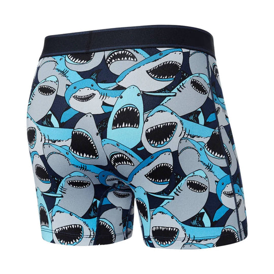 Men's boxer briefs with blue and gray shark print and black waistband