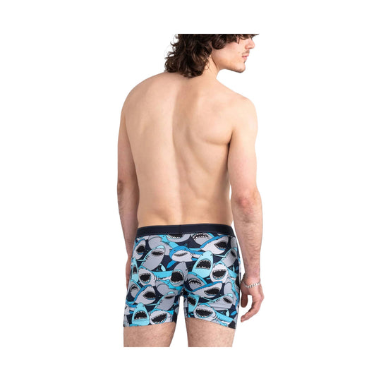 Men's boxer briefs with blue and gray shark print, shown from the back