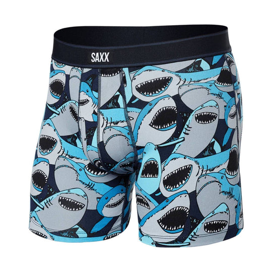 Boxer briefs with a blue and gray shark print and black waistband labeled SAXX
