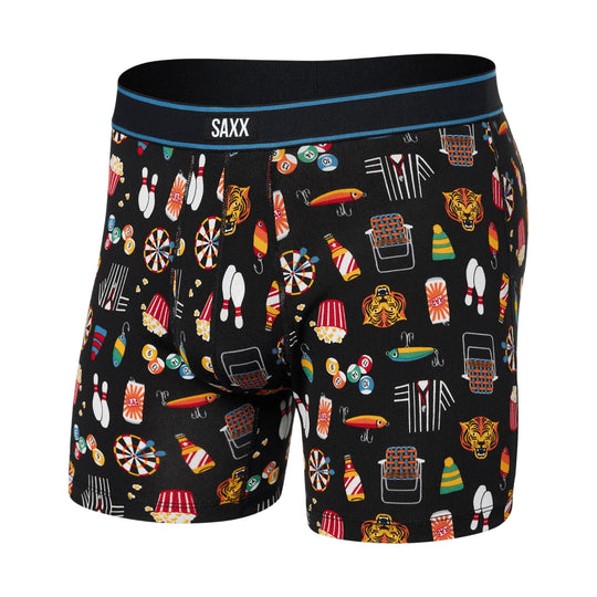 Black boxer briefs with colorful bowling, darts, and tiger print, featuring a SAXX waistband