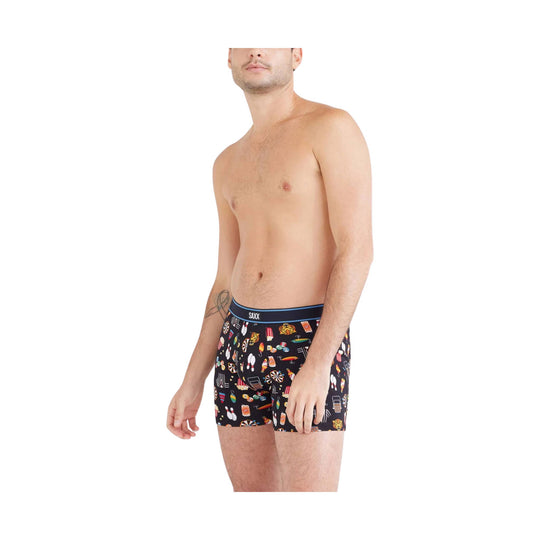 Men's black boxer briefs with colorful sports and leisure print
