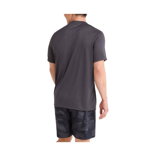 Dark gray athletic T-shirt and black camo shorts shown from the back on a model