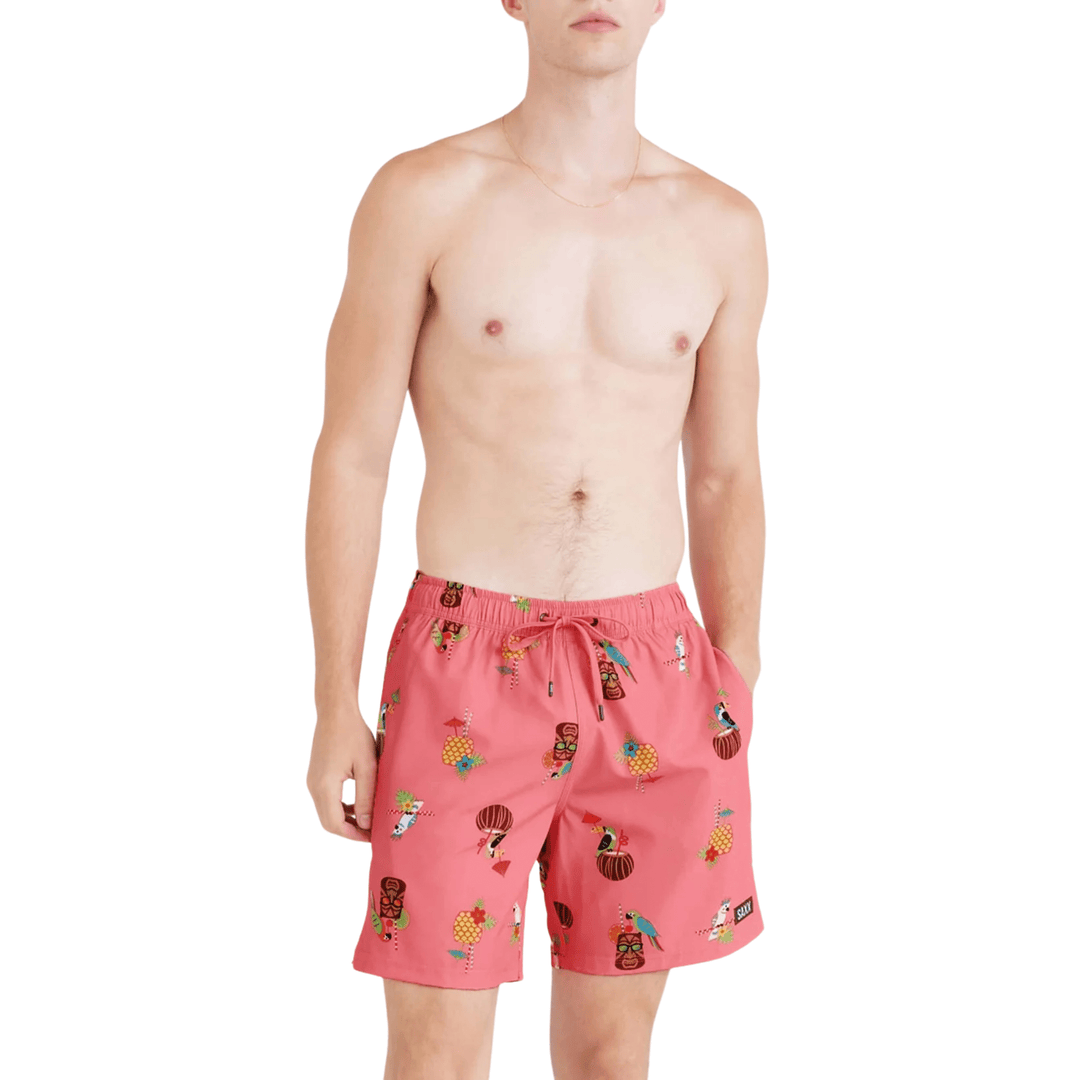 Pink patterned swim trunks with drawstring waist