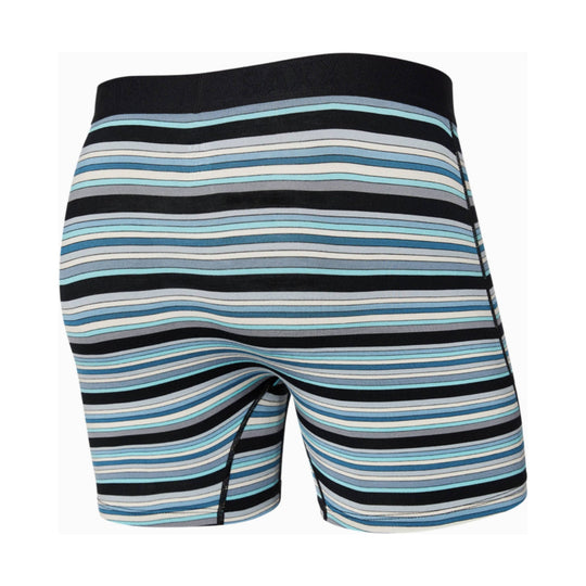 Men's striped boxer briefs with black, blue, gray, and white horizontal bands