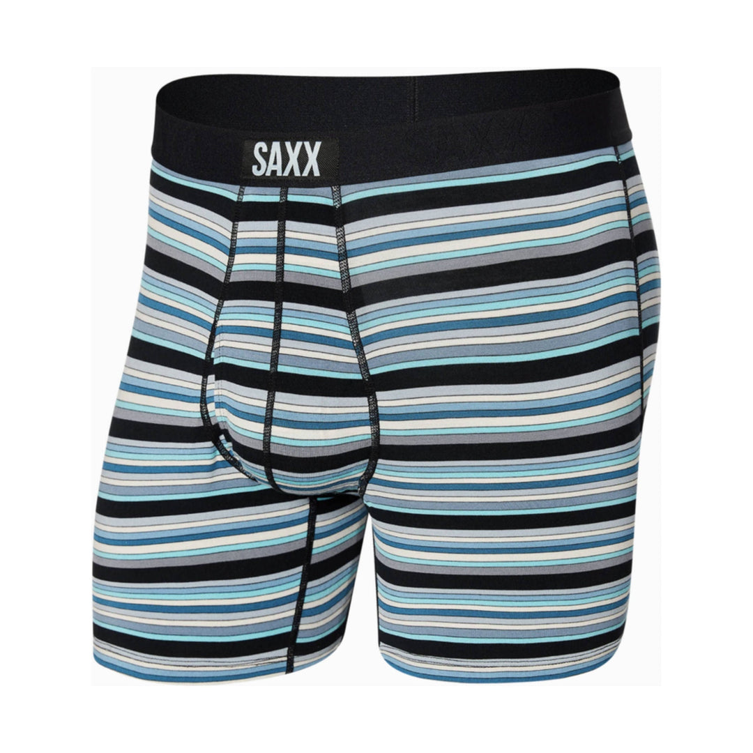 Striped boxer briefs with a black waistband and SAXX logo