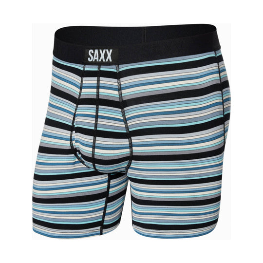 Striped boxer briefs with a black waistband and SAXX logo