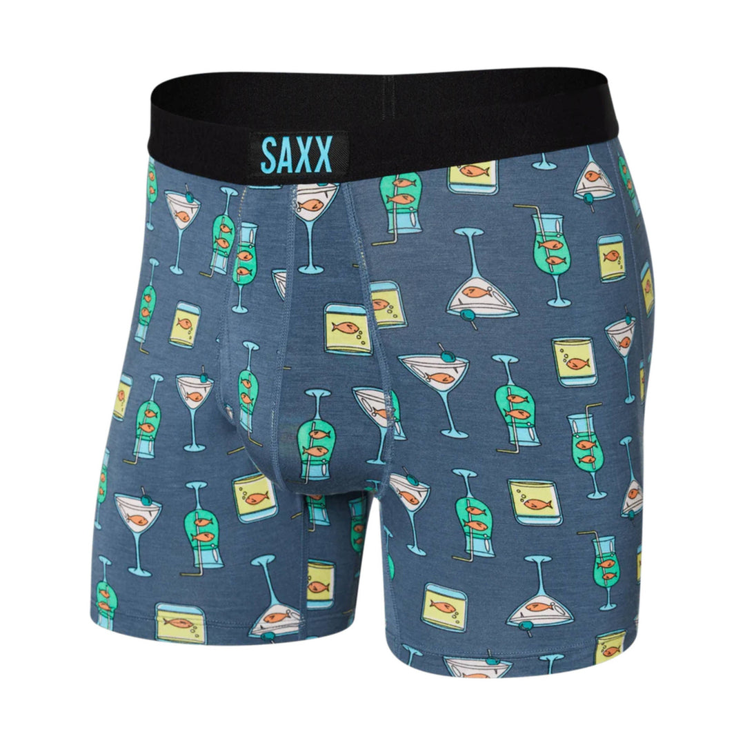 Men's blue boxer briefs with a black waistband and allover cocktail and fish print