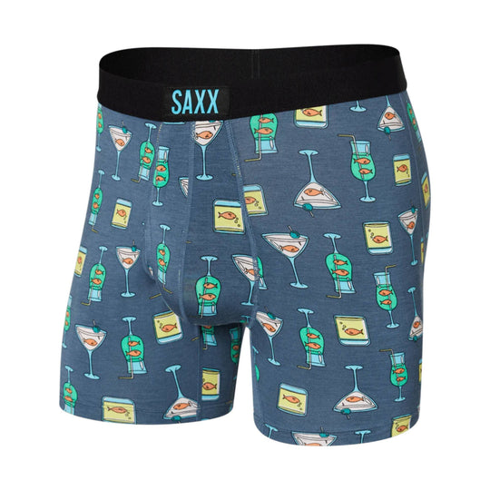 Men's blue boxer briefs with a black waistband and allover cocktail and fish print