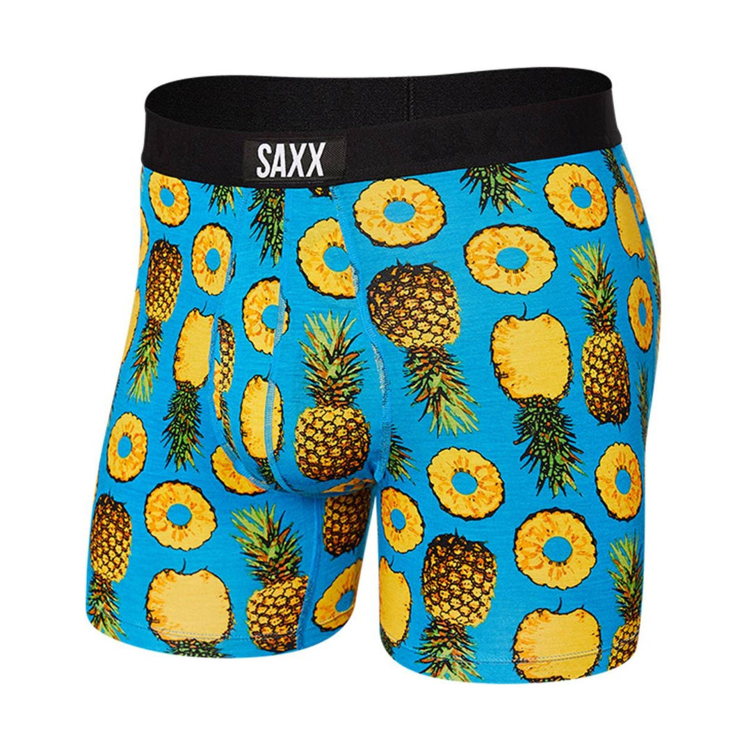 Blue boxer briefs with pineapple and pineapple-slice print and black waistband