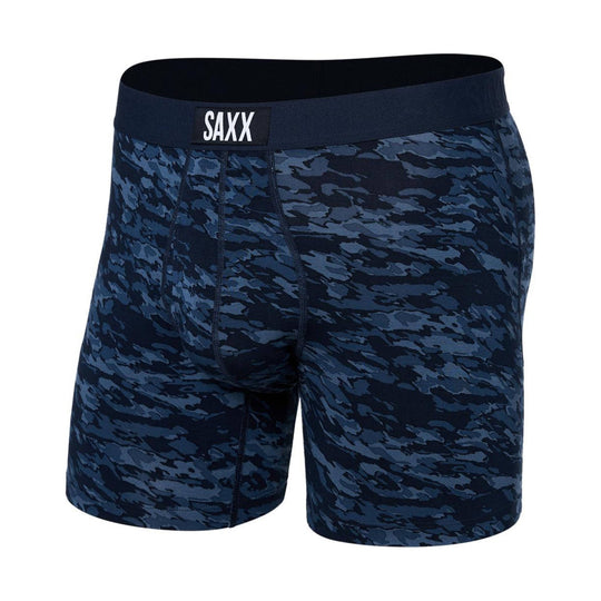 Navy blue camo boxer briefs with a black SAXX waistband, front view