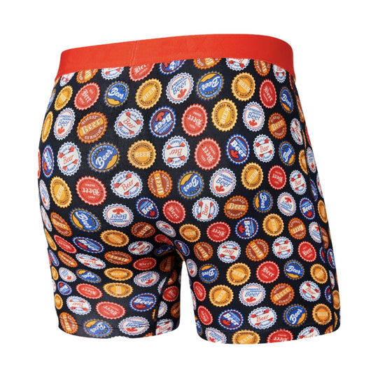 Black boxer briefs with colorful beer-cap print and a red waistband