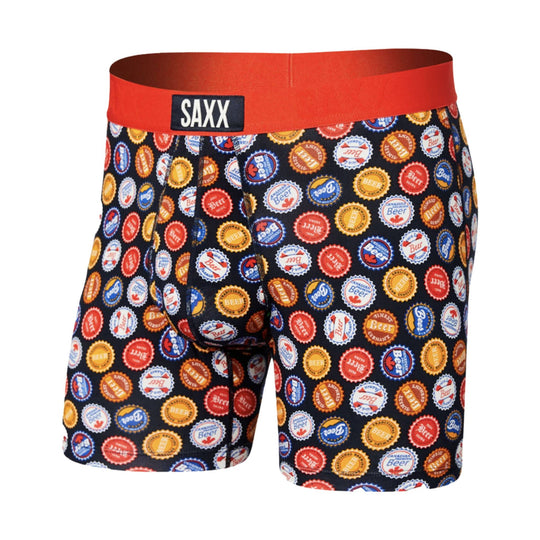 Black boxer briefs with colorful beer cap print and red waistband labeled SAXX
