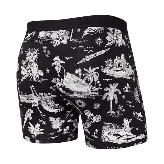Black boxer briefs with white tropical and surf-themed print