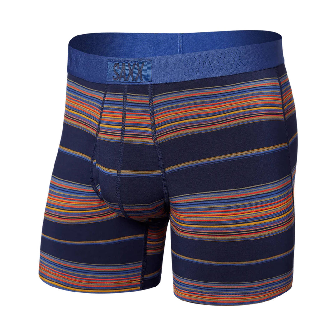 Navy boxer briefs with multicolor horizontal stripes and SAXX waistband
