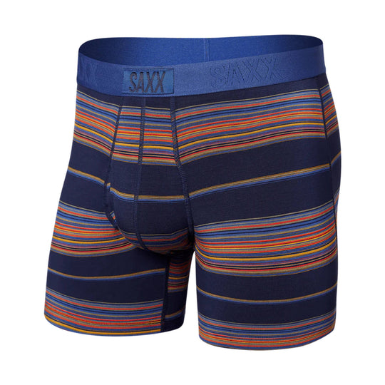 Navy boxer briefs with multicolor horizontal stripes and SAXX waistband
