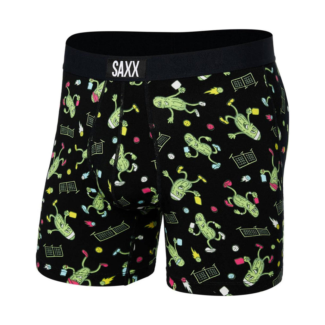 Black boxer briefs with a colorful pickleball print and SAXX waistband logo