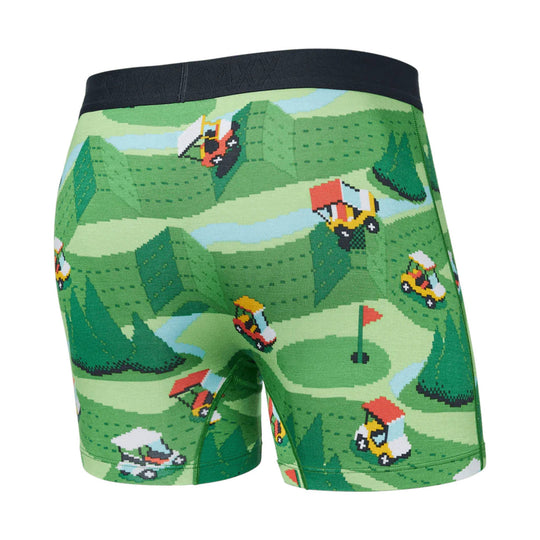 Green boxer briefs with a golf course and golf cart pattern, shown front view